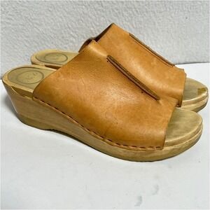 No.6 Store Tan Leather Open Toe Slide Wooden Wedge Clogs Size 38 US 7.5 Sandal